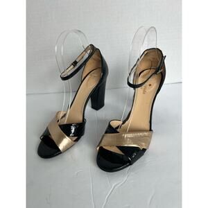 Kate Spade Isabel Gold and Black Patent Leather Block Heels Strappy Sandals 7.5B